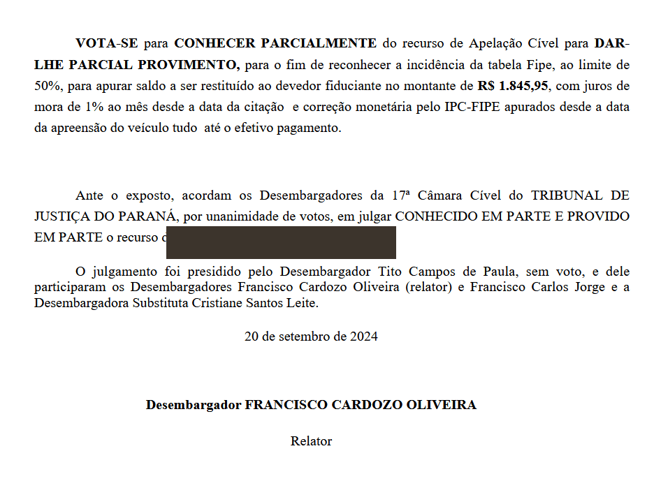 Acórdão unânime da 17ª Câmara Cível do TJPR reconhecendo venda por preço vil: tabela FIPE aplicada ao limite de 50% e saldo restituído ao devedor com juros e correção — a prova de que o banco tem que devolver o dinheiro que sobrou do leilão