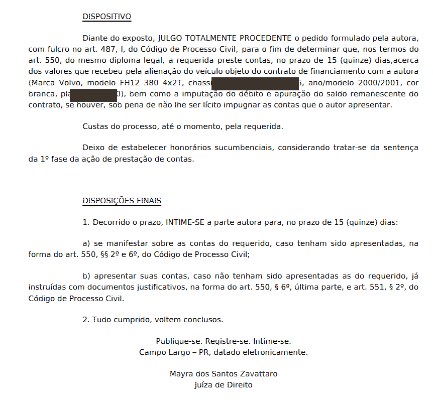 Sentença real obtida pelo escritório: banco condenado a prestar contas do leilão do veículo em 15 dias e apurar o saldo remanescente do contrato — o primeiro passo de quem quer saber se sobrou dinheiro do leilão e receber a sobra de volta